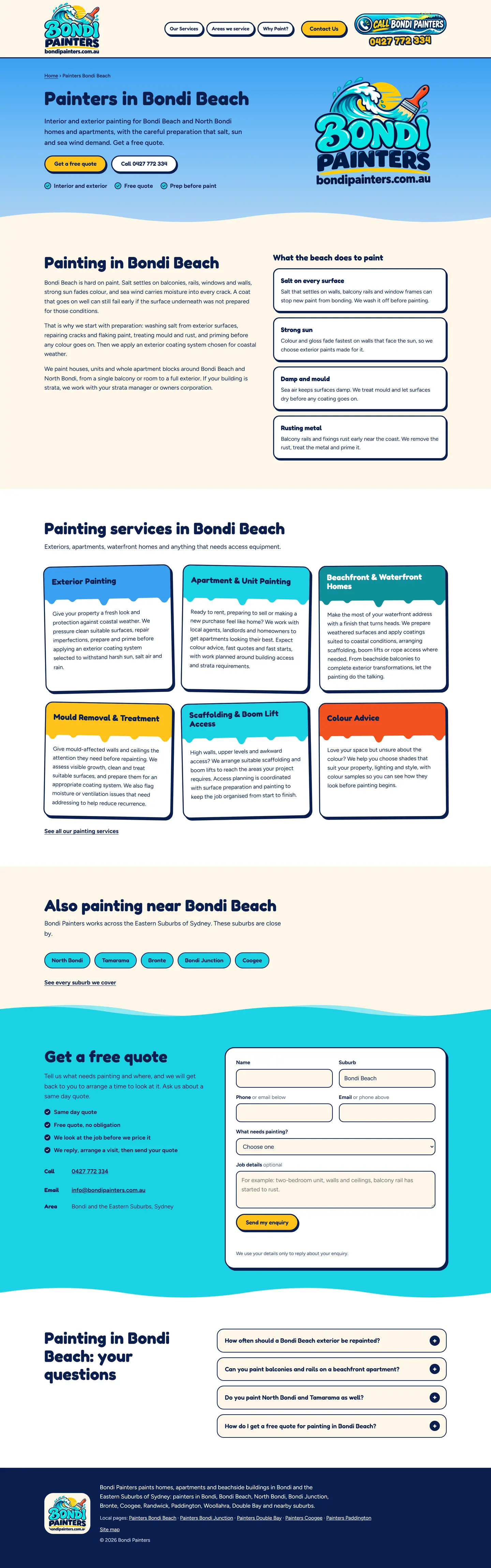 Página de destino de pintores en Bondi Beach, con consejos locales, servicios, barrios cercanos y un formulario de cotización gratuita