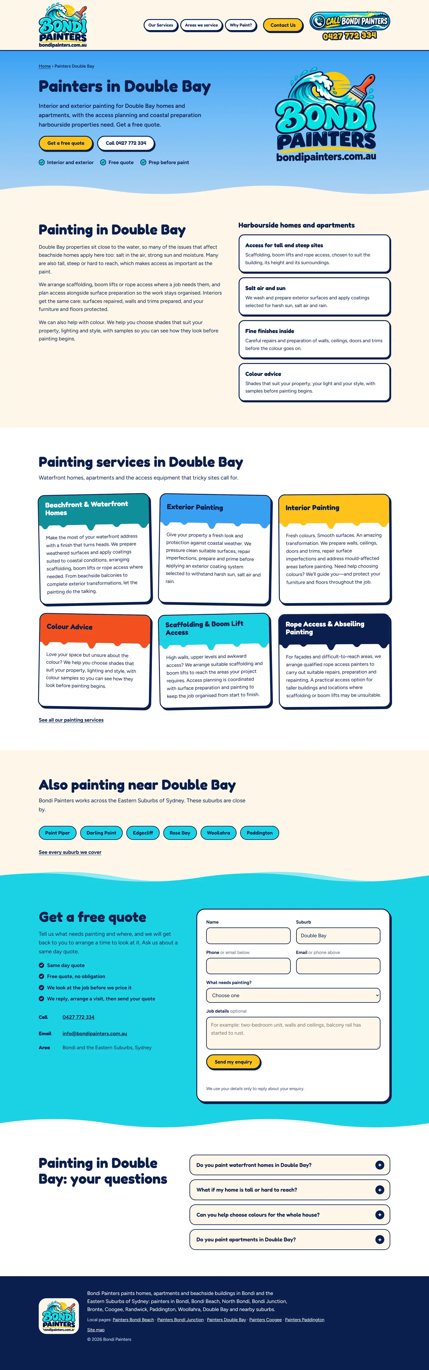 Página de destino de pintores en Double Bay, con consejos para propiedades frente al agua y de difícil acceso