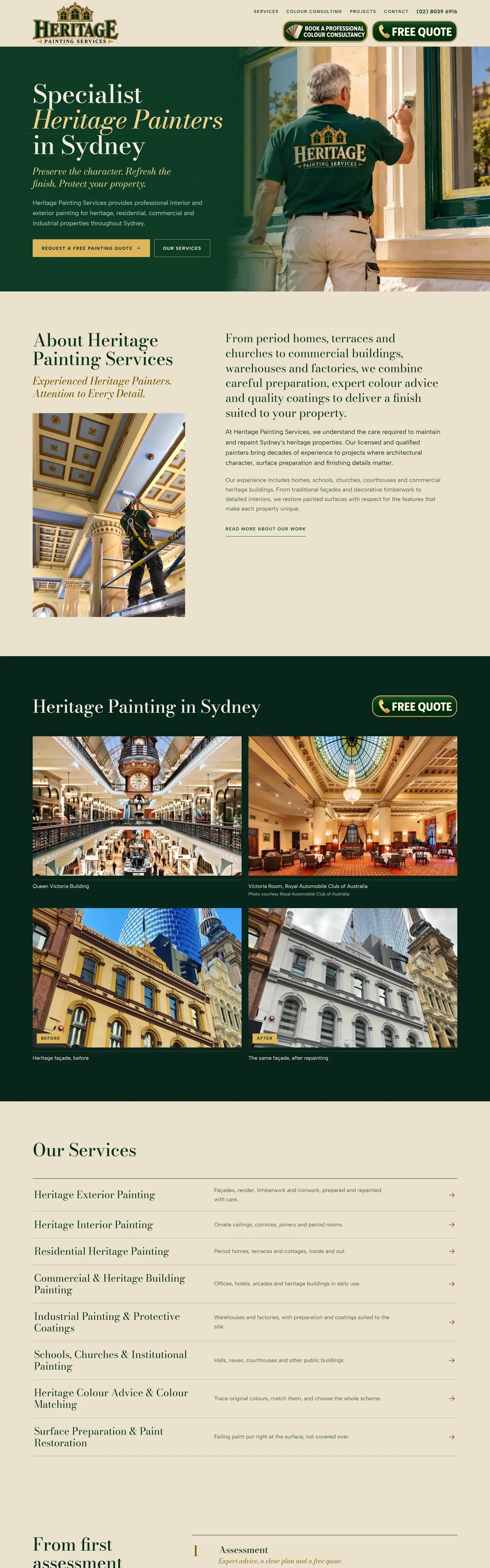 Página de inicio de Heritage Painting Services en escritorio: pintores patrimoniales especializados en Sídney, sección sobre la empresa, galería de proyectos y lista de servicios