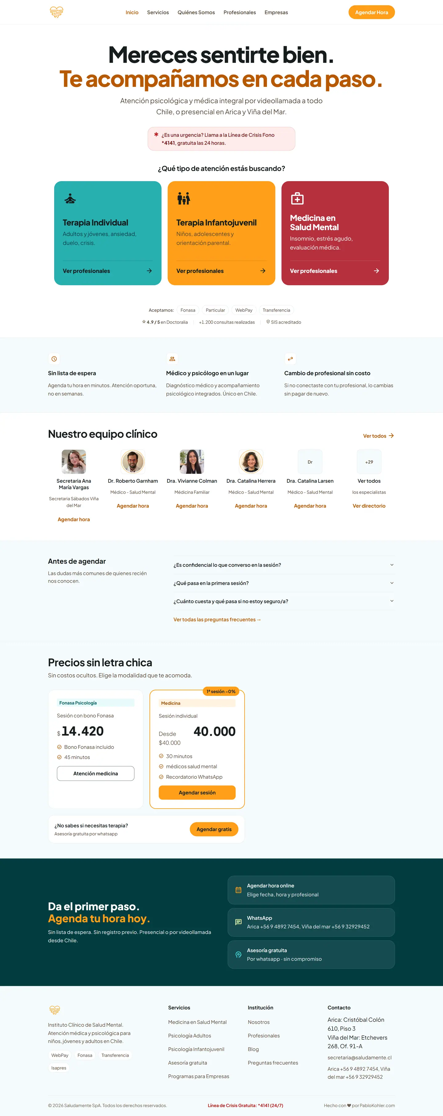 Página de inicio de Saludamente en escritorio: tipos de atención, cómo funciona, el equipo clínico, precios y agenda