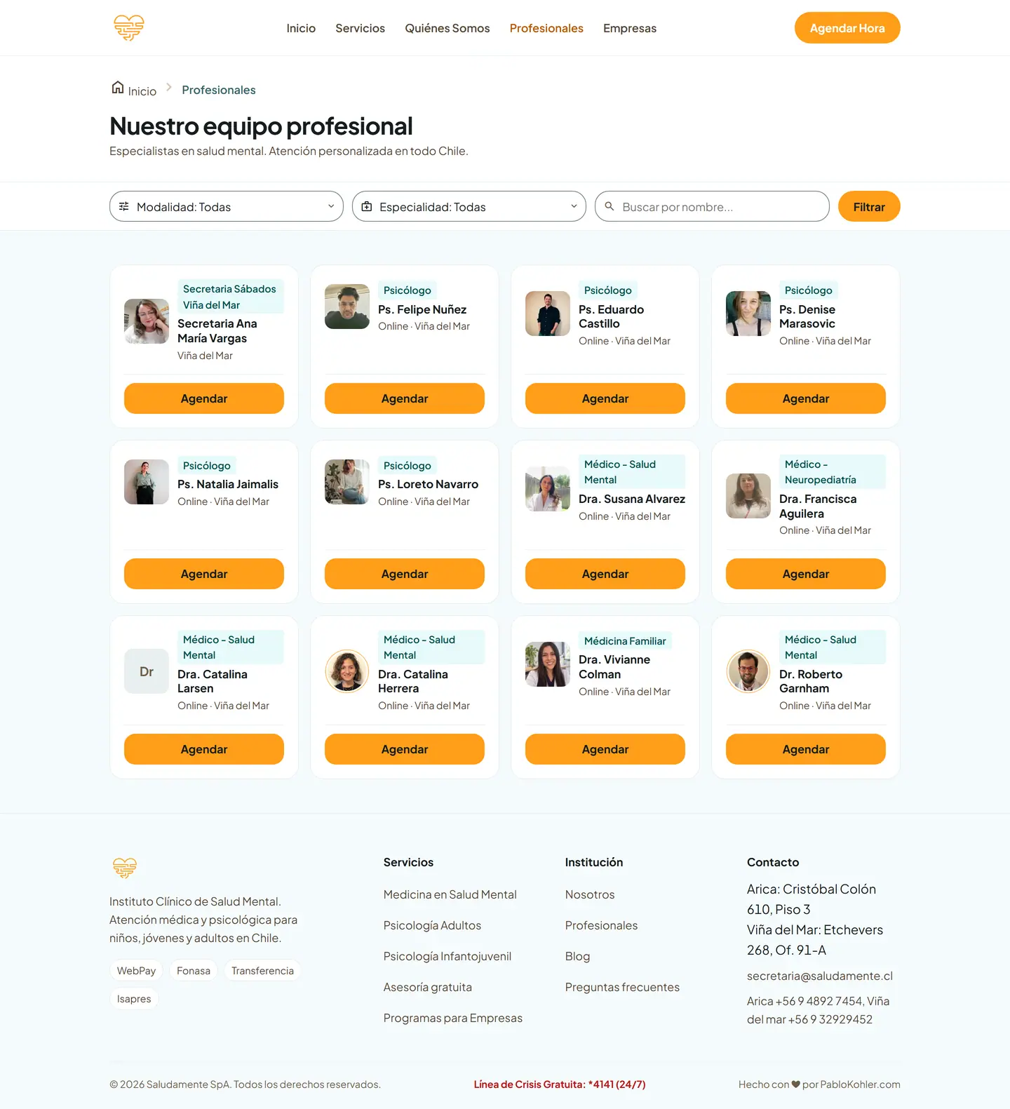 Directorio de profesionales con filtros por modalidad, especialidad y nombre