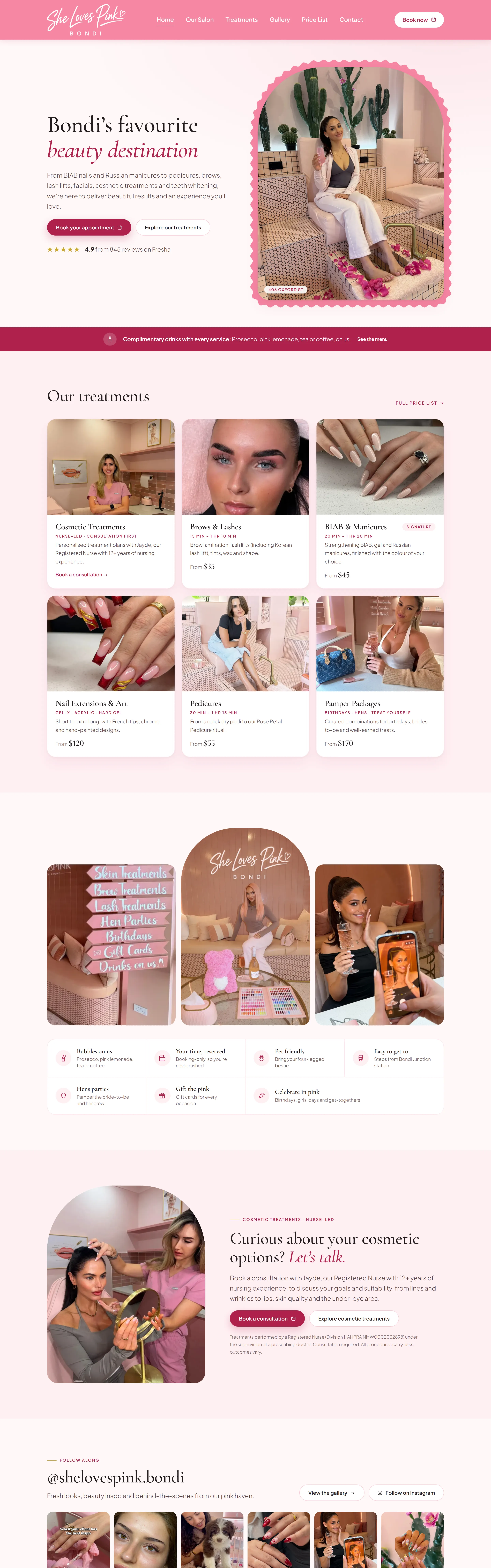 Página de inicio de She Loves Pink en escritorio: portada, tratamientos, reseñas, equipo e información de visita